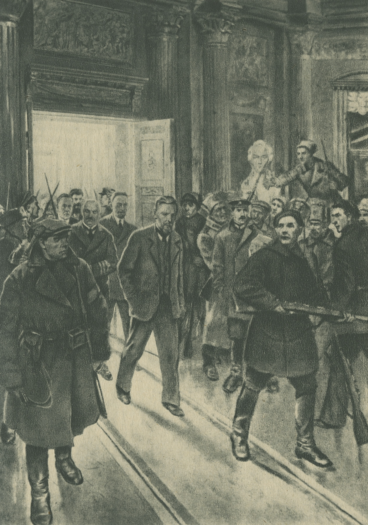 Excerpt from a painting showing the arrest of members of the Provisional Government, walking out of a building and surrounded by armed men