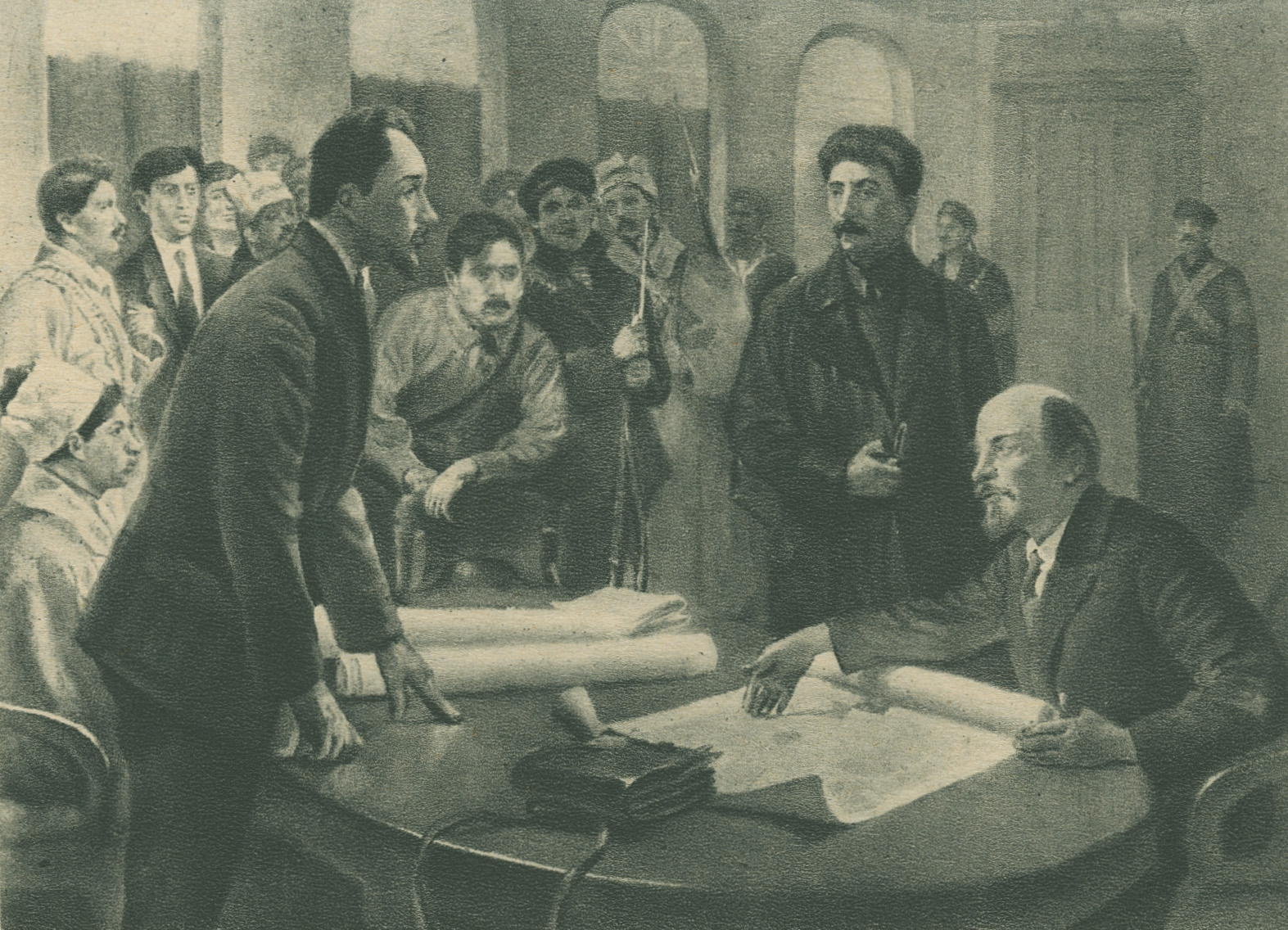 Painting excerpt depicting Lenin and Stalin speaking with others around a table at the Headquarters of Defense