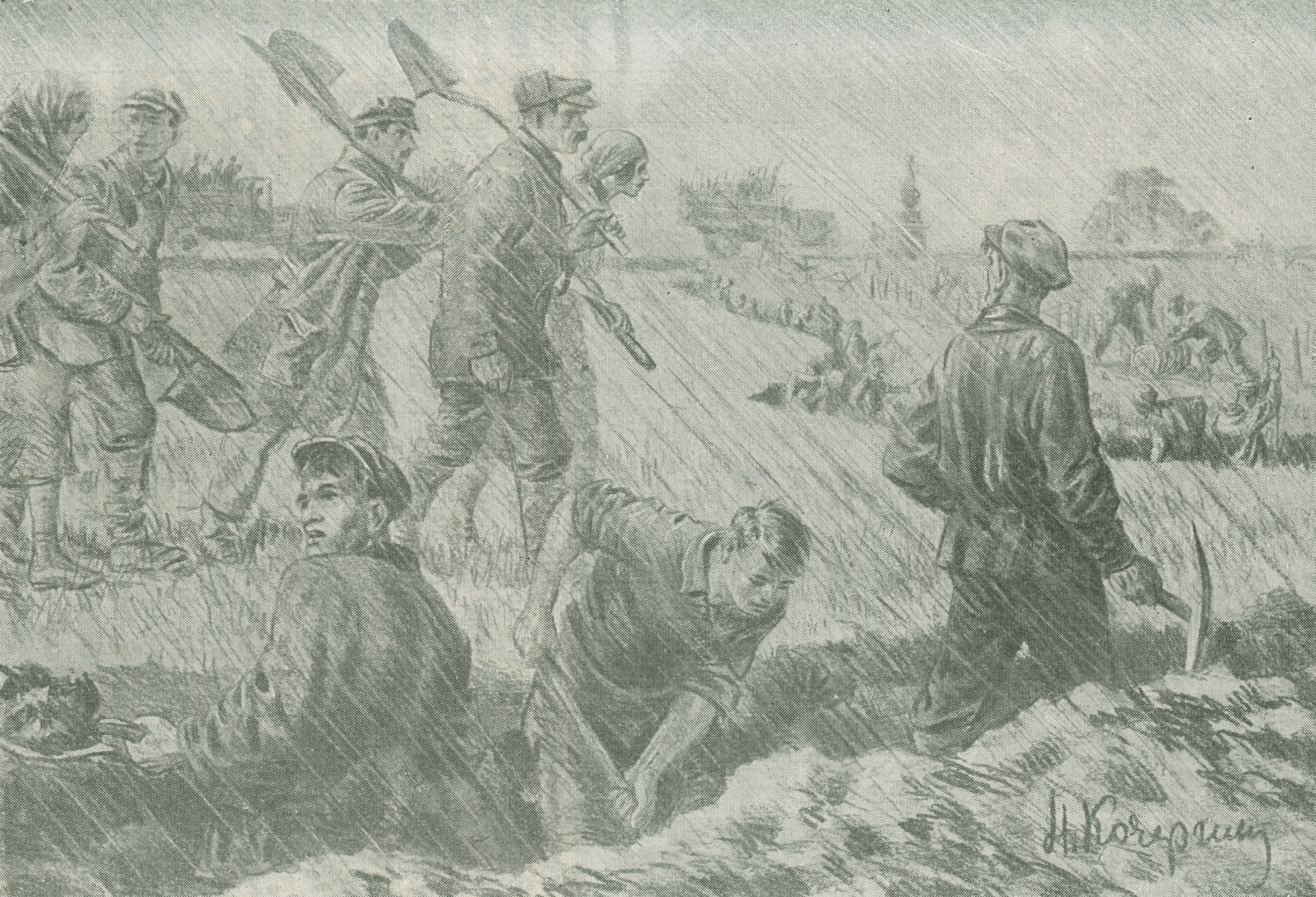 Illustration depicting workers in Petrograd digging defense trenches