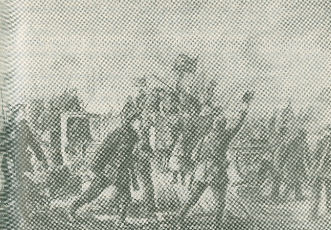 Illustration depicting workers waving goodbye to soldiers leaving on an armoured train