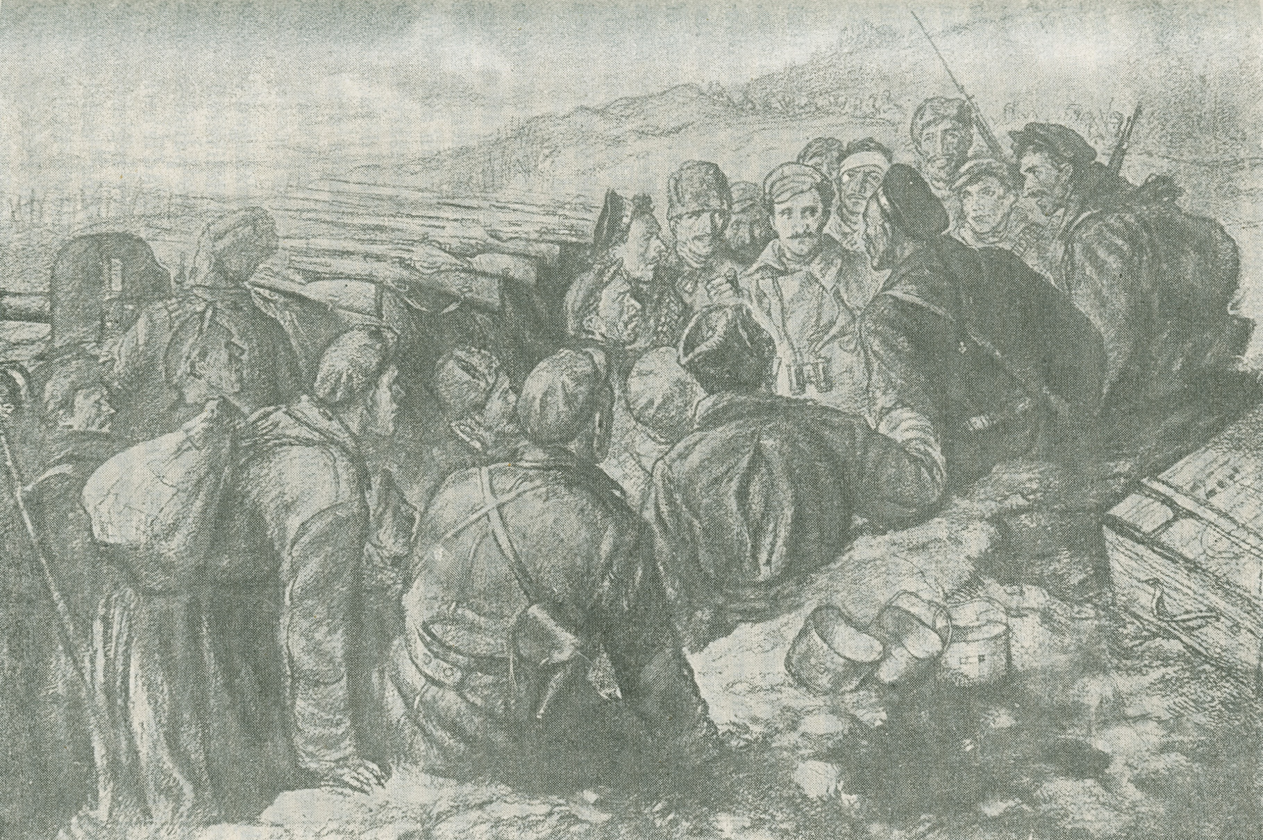 An illustration depicting Sergo Orjonikidze in the trenches speaking with soldiers near Pulkovo