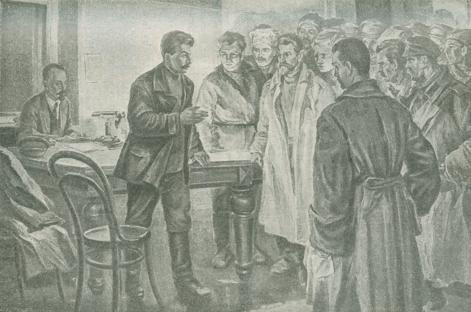 An illustration depicting Stalin speaking with a deputation from the Petrograd garrison