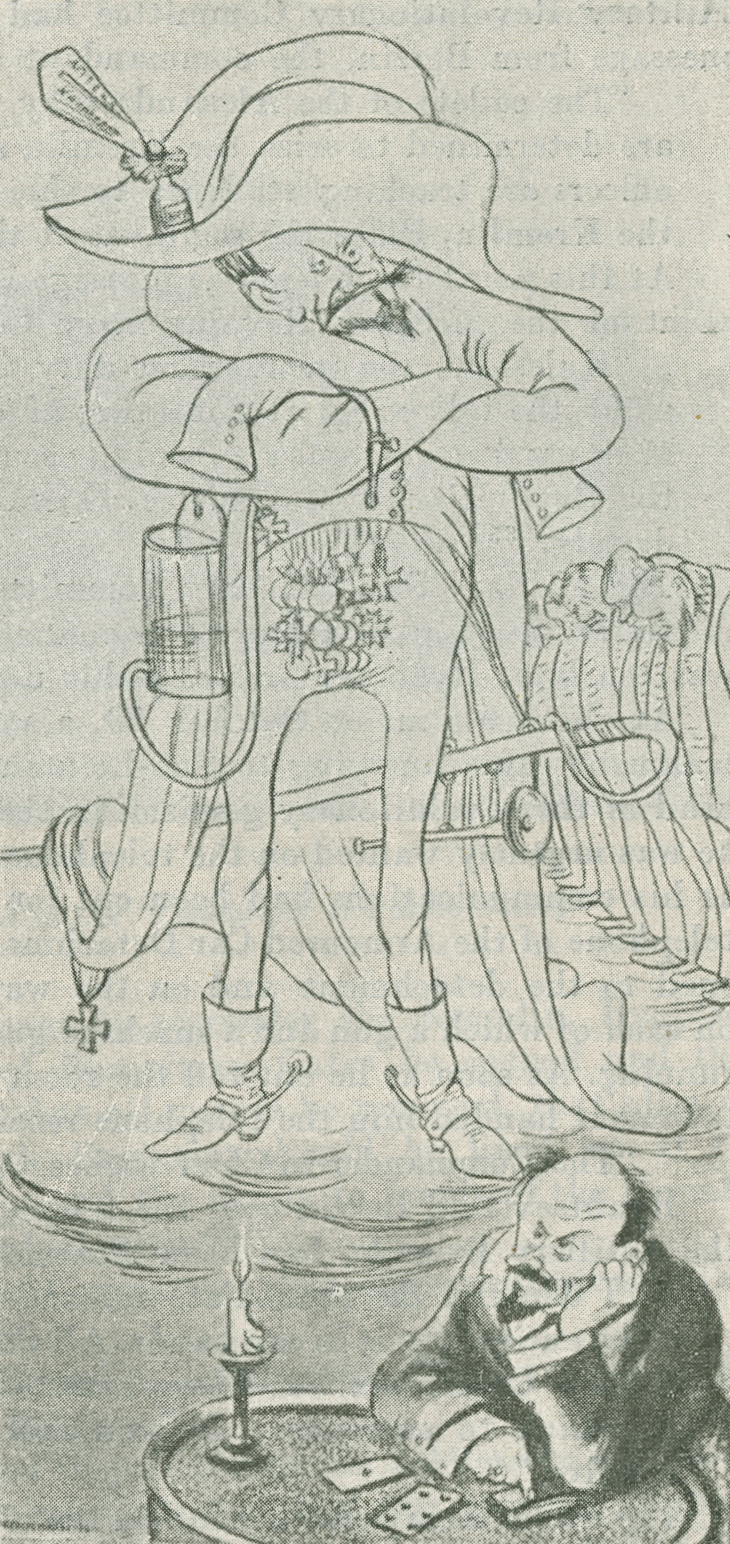 Political cartoon of Rudnyev sitting at a small table with dreams of Napolean-style power floating above him