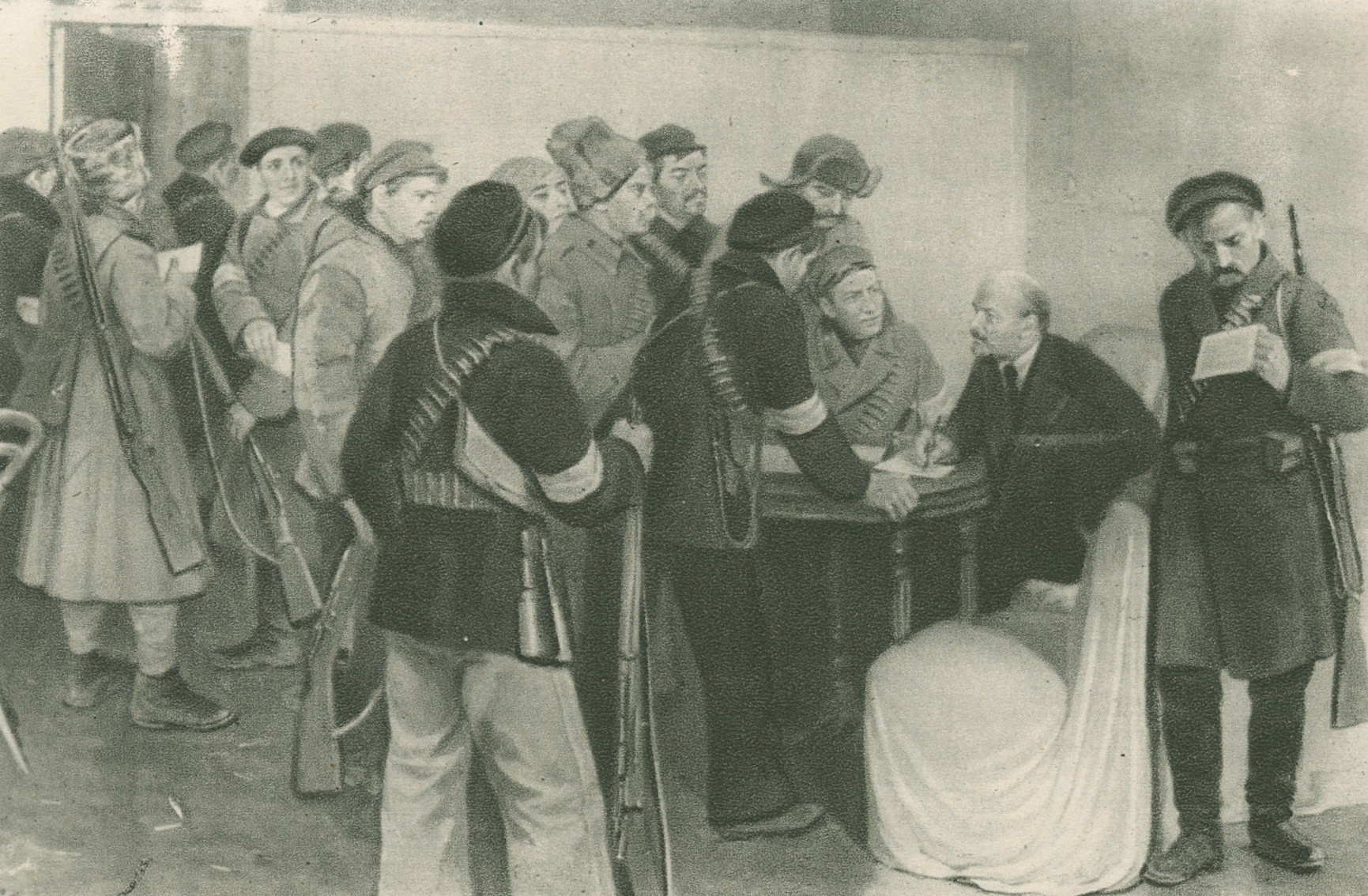 Excerpt from a painting showing Lenin seated at a desk talking with people standing around him