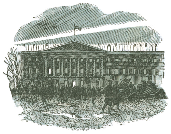 Woodblock illustration of building with soldier silhouettes out front